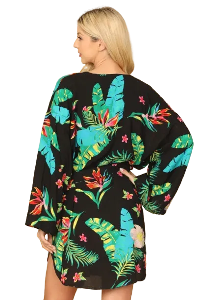 Black Tropical Long Sleeve Button Down Waist Tie Curve Hem Mini Dress - Pack of 5