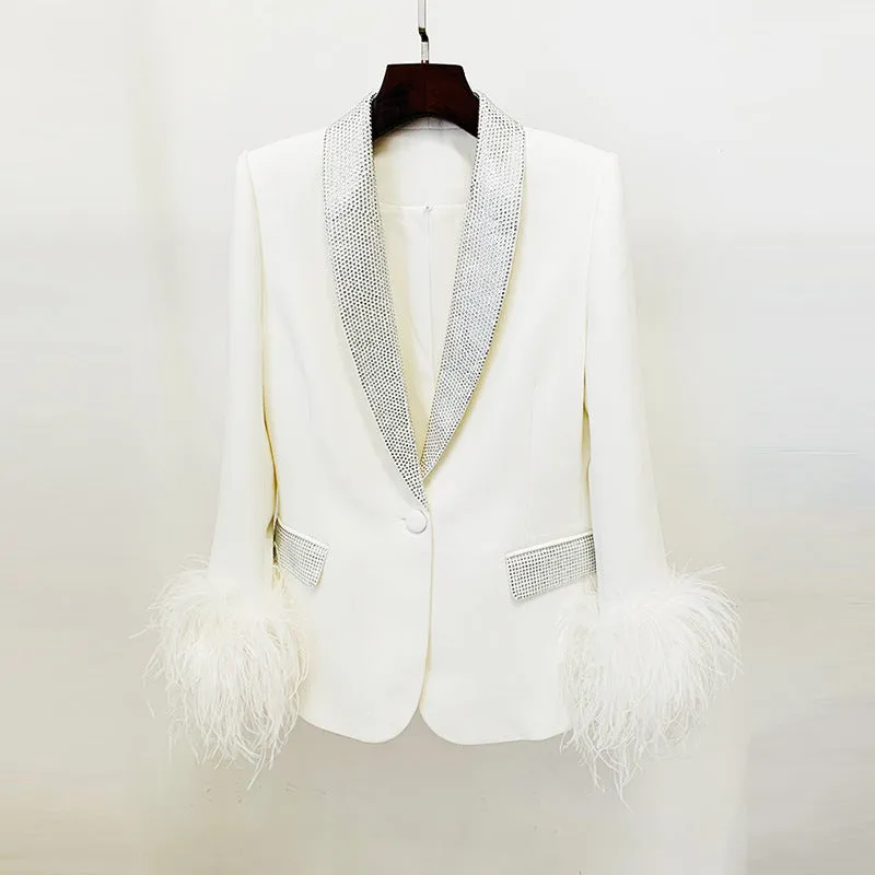 Blazer set Ostrich Feather True Feathers Rhinestone Green Fruit Collar