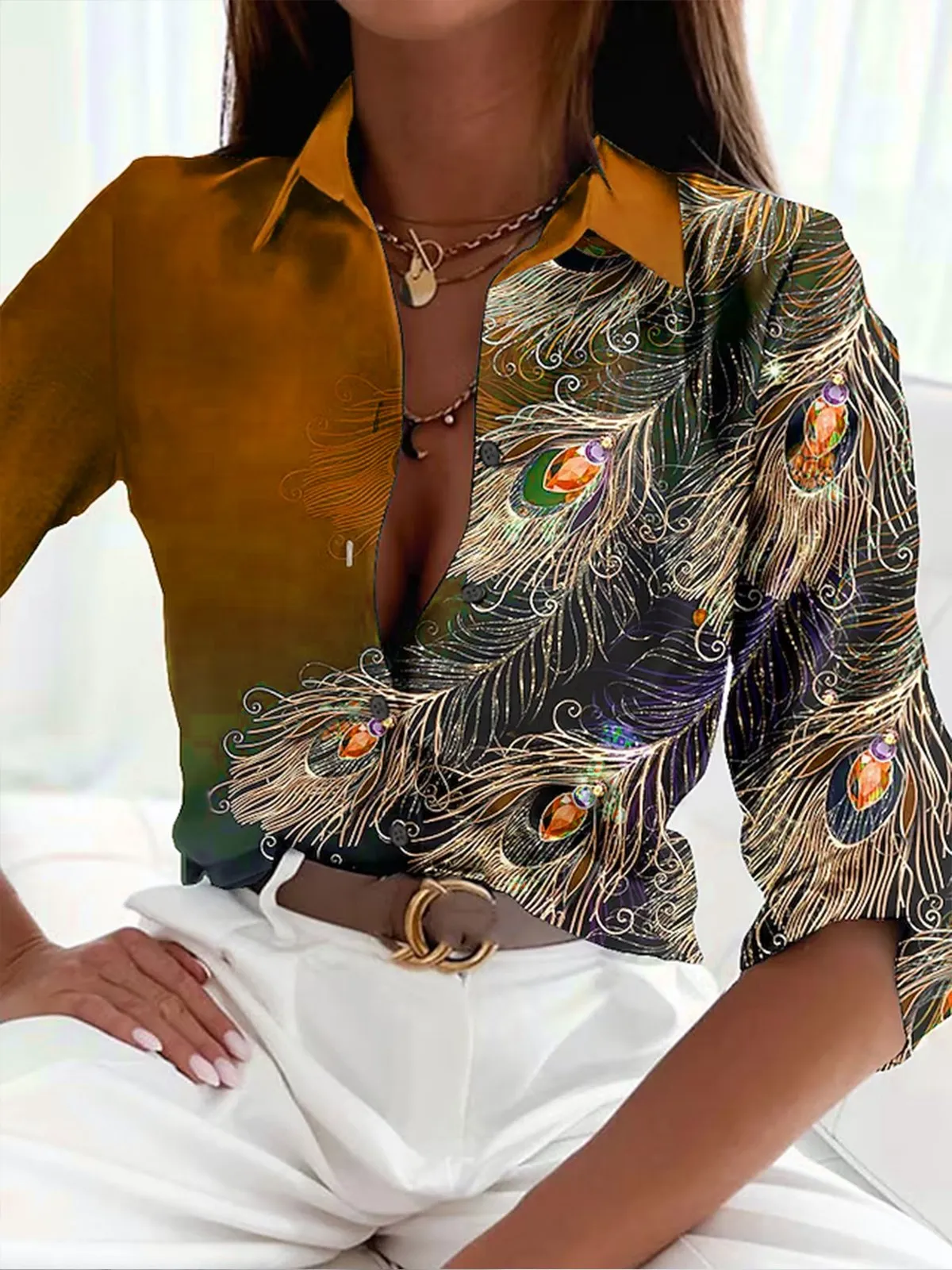 Blouse with Feather Pattern for Women