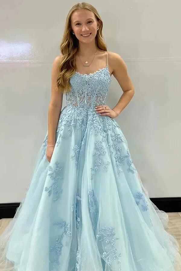 Blue A-line Spaghetti Straps Floor Length Prom Dresses With Appliques, MP833
