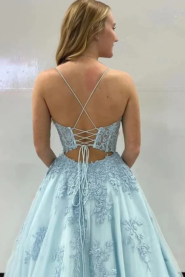 Blue A-line Spaghetti Straps Floor Length Prom Dresses With Appliques, MP833