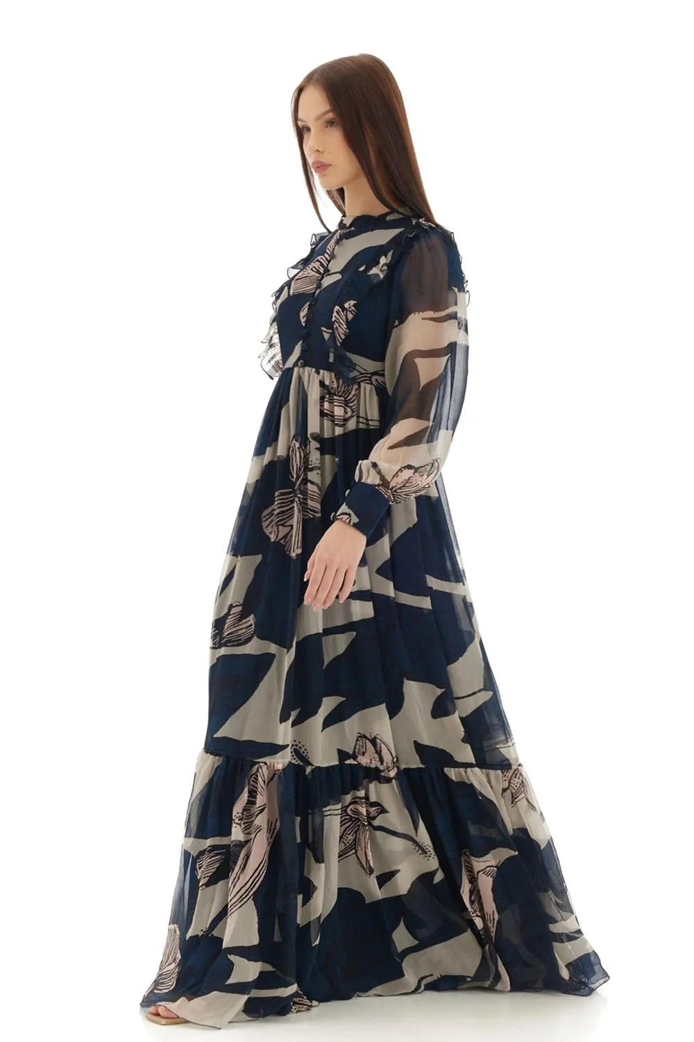 Blue & Off White Floral Long Dress