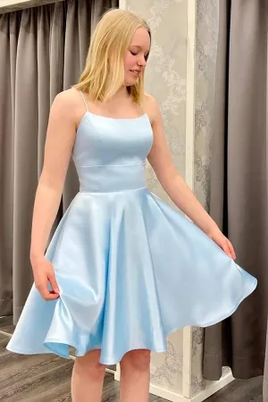 Blue Satin A-line Spaghetti Straps Homecoming Dresses, Graduation Dress, MH605