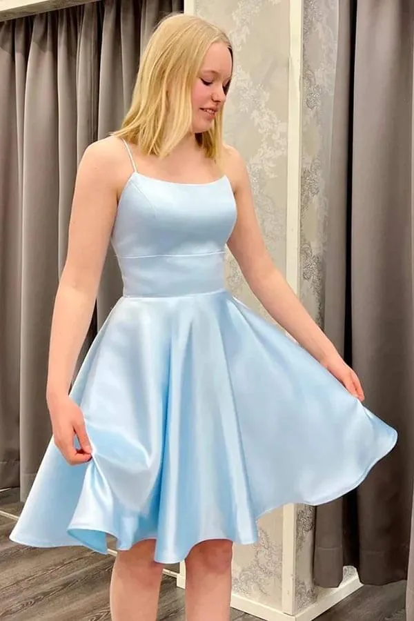 Blue Satin A-line Spaghetti Straps Homecoming Dresses, Graduation Dress, MH605