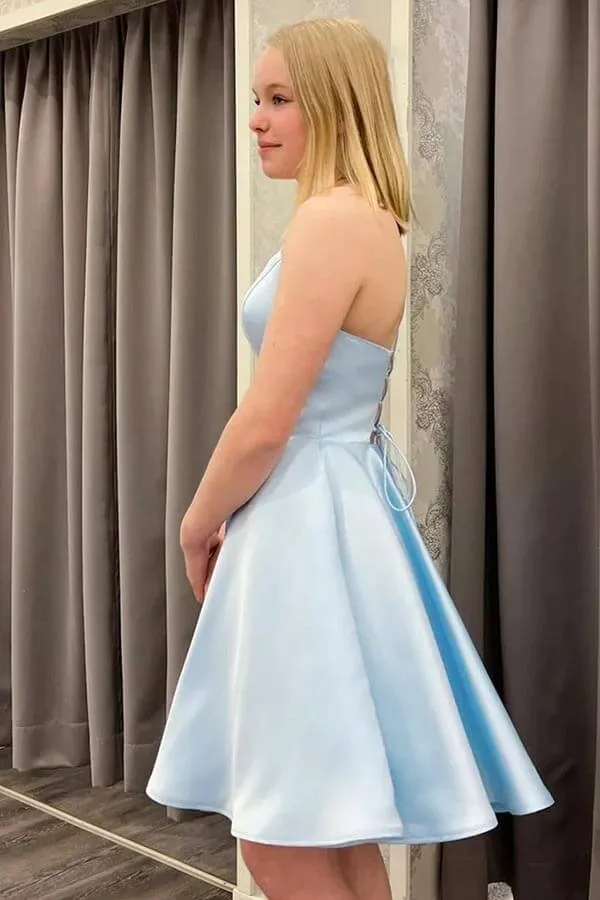 Blue Satin A-line Spaghetti Straps Homecoming Dresses, Graduation Dress, MH605