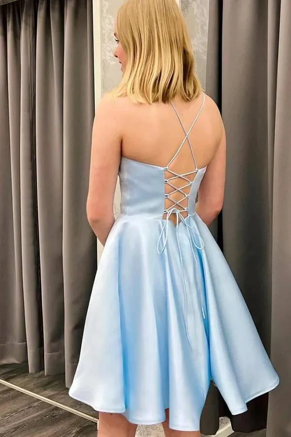 Blue Satin A-line Spaghetti Straps Homecoming Dresses, Graduation Dress, MH605
