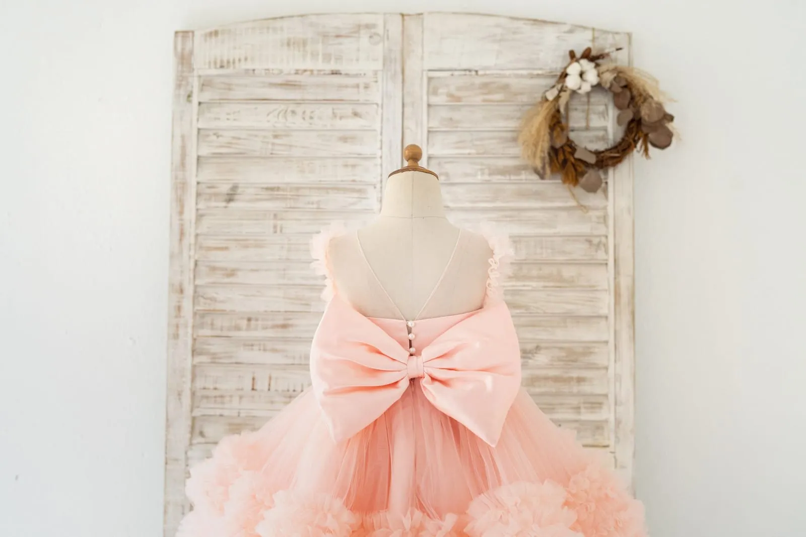 Blush Pink V Back Pearl Beaded Tulle Wedding Flower Girl Dress Kids Party Dress