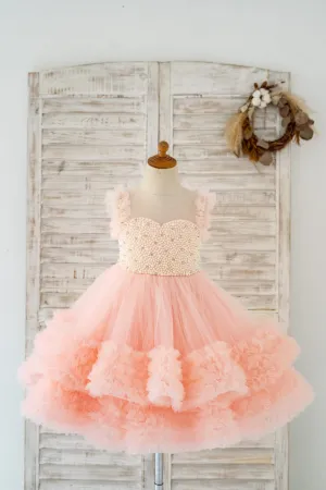 Blush Pink V Back Pearl Beaded Tulle Wedding Flower Girl Dress Kids Party Dress