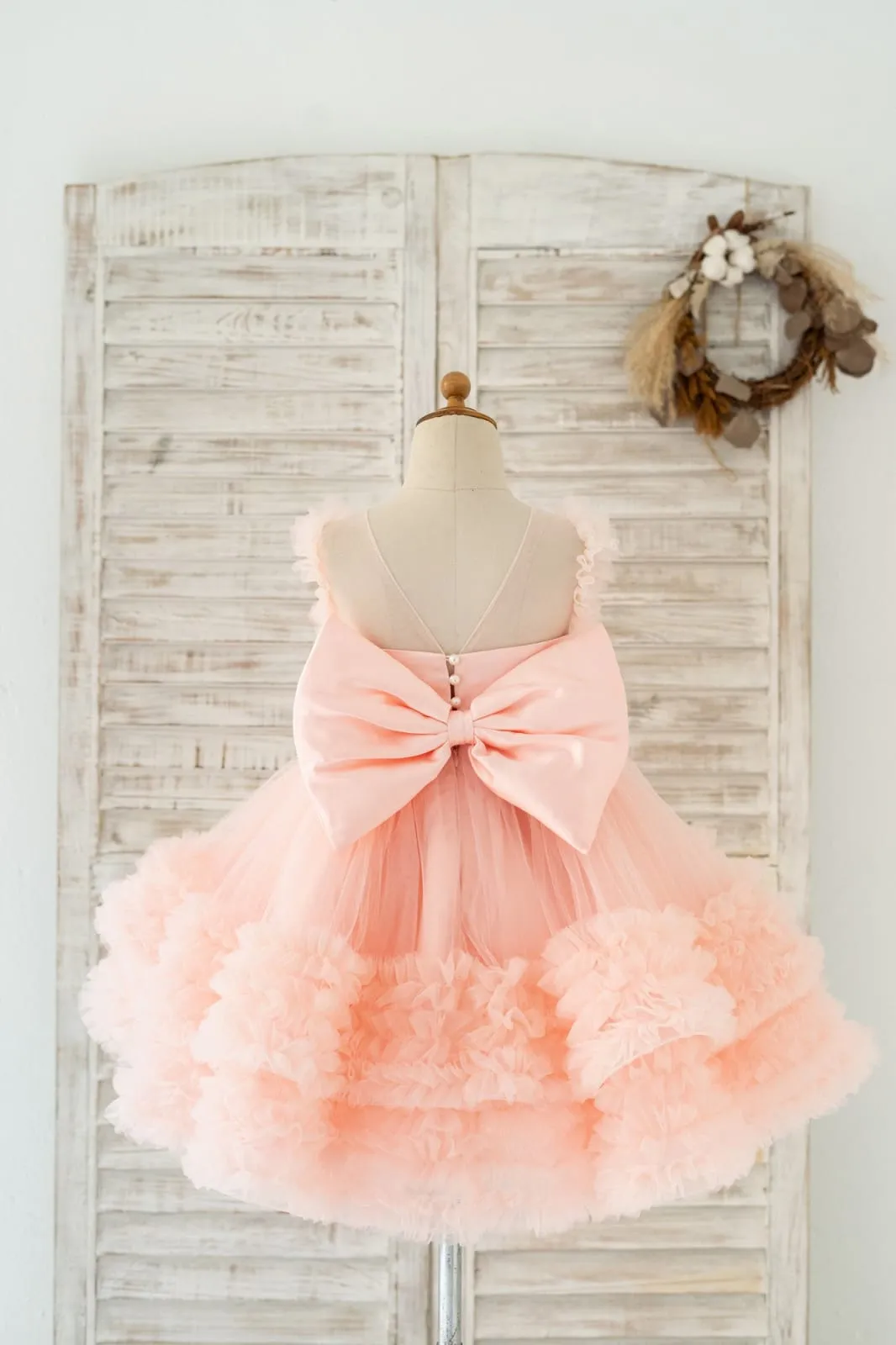 Blush Pink V Back Pearl Beaded Tulle Wedding Flower Girl Dress Kids Party Dress