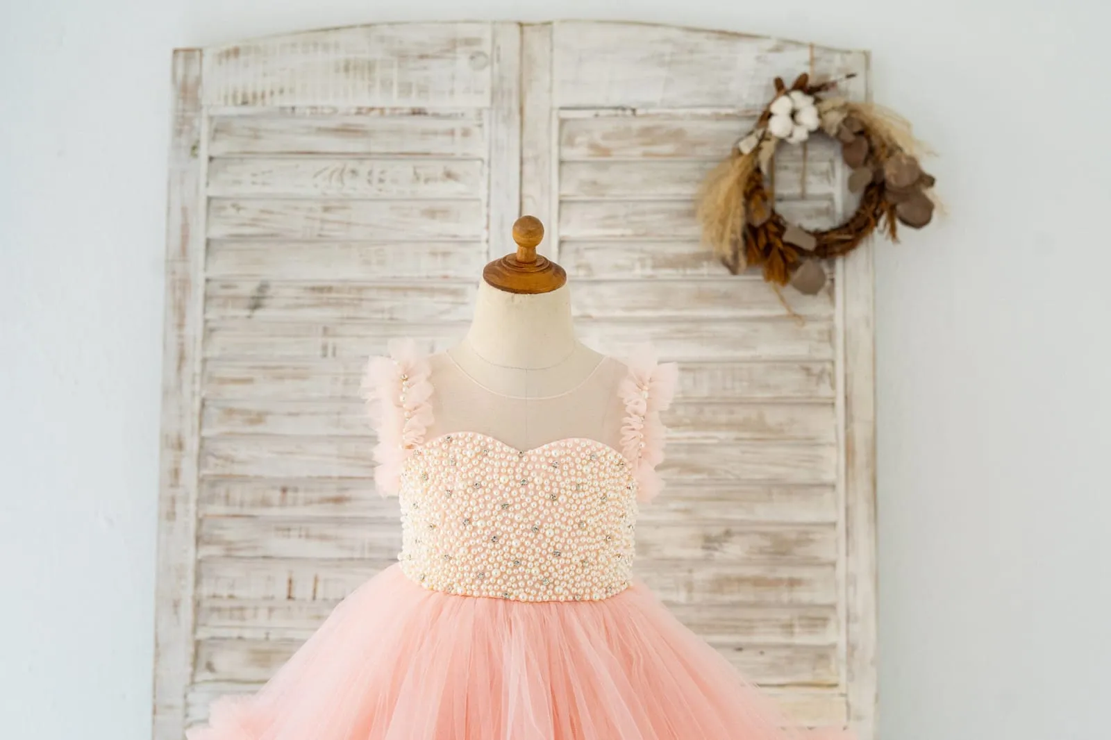 Blush Pink V Back Pearl Beaded Tulle Wedding Flower Girl Dress Kids Party Dress