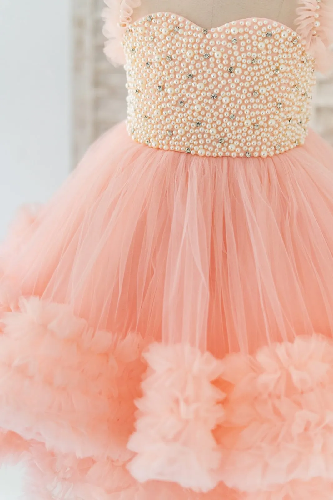 Blush Pink V Back Pearl Beaded Tulle Wedding Flower Girl Dress Kids Party Dress