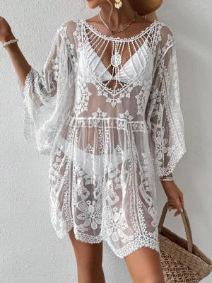 Boho Bloom Cover-Up – Lace Petal Hem Embroidered Dress