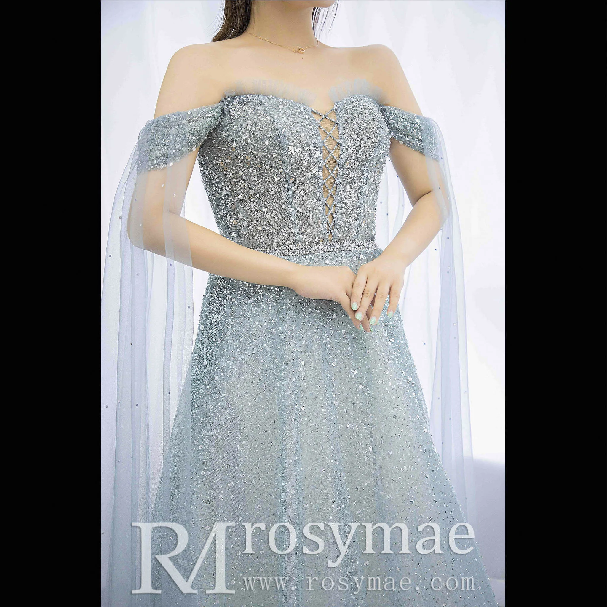 Boho Mint Sequin Formal Dress Evening Party Gown with Cape