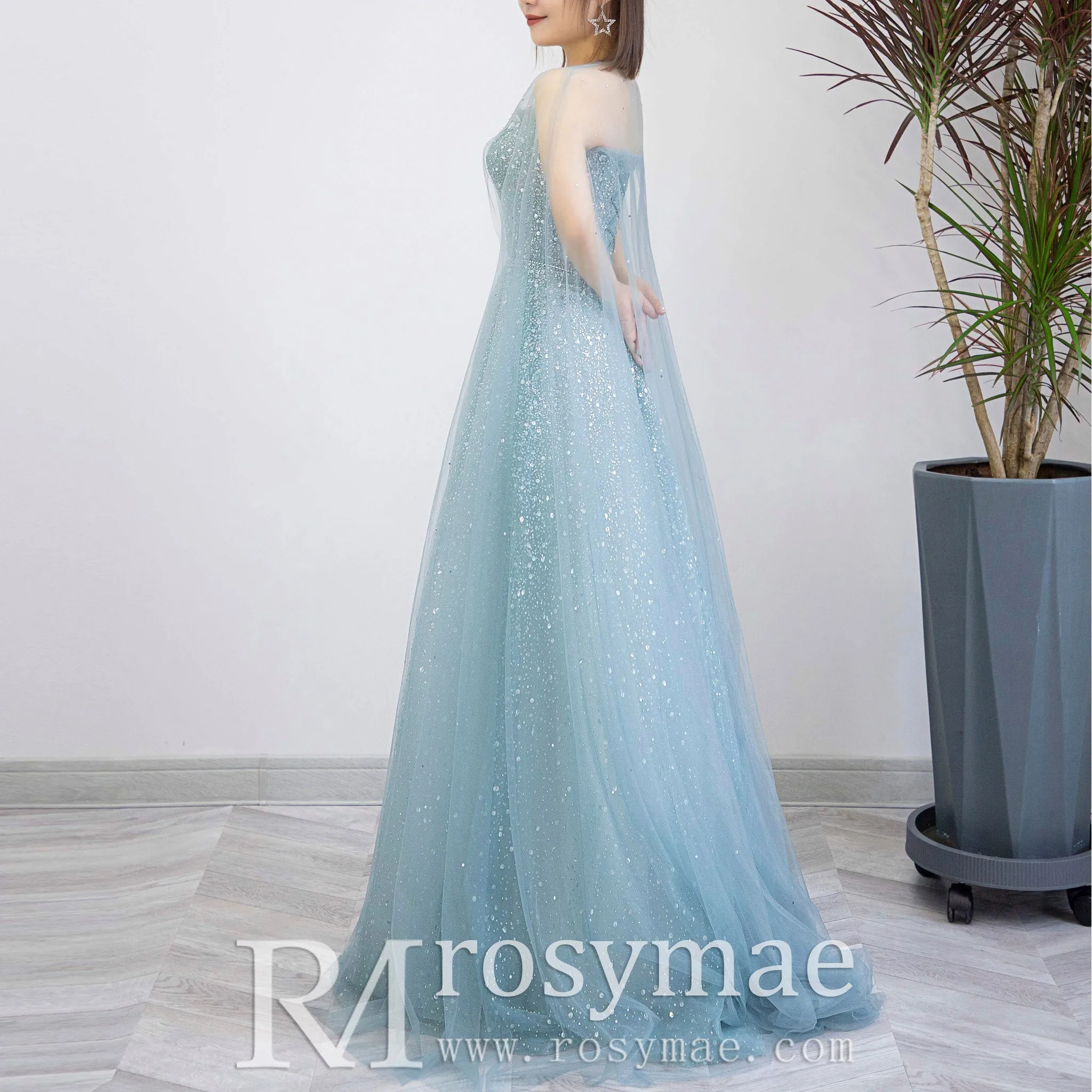 Boho Mint Sequin Formal Dress Evening Party Gown with Cape