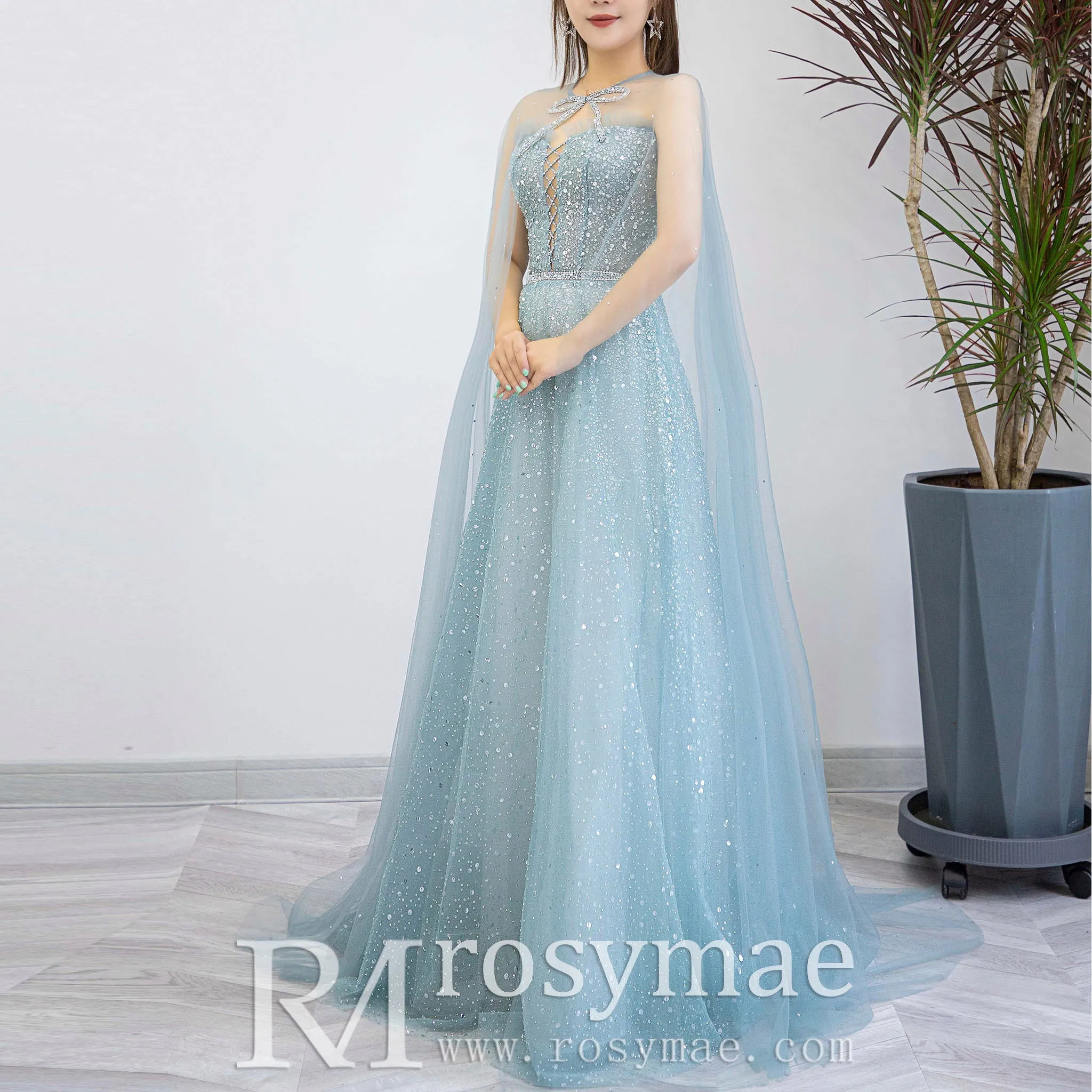 Boho Mint Sequin Formal Dress Evening Party Gown with Cape