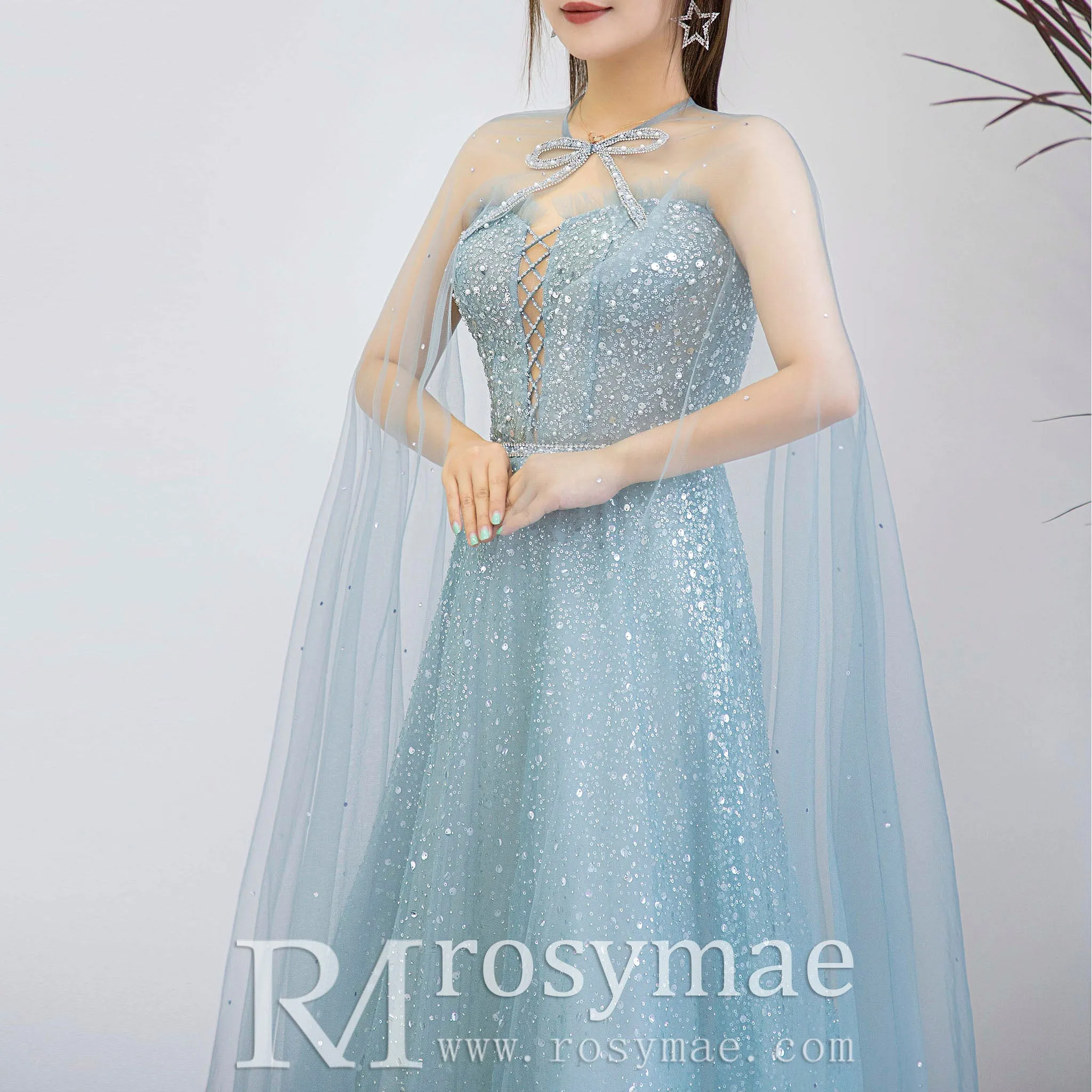 Boho Mint Sequin Formal Dress Evening Party Gown with Cape