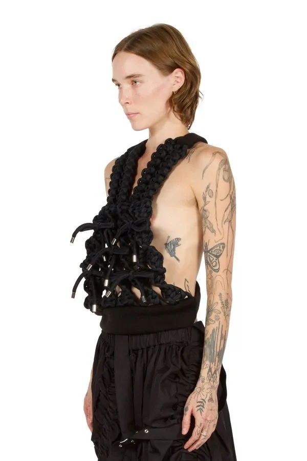 Bow-Embellished Macrame Harness Vest