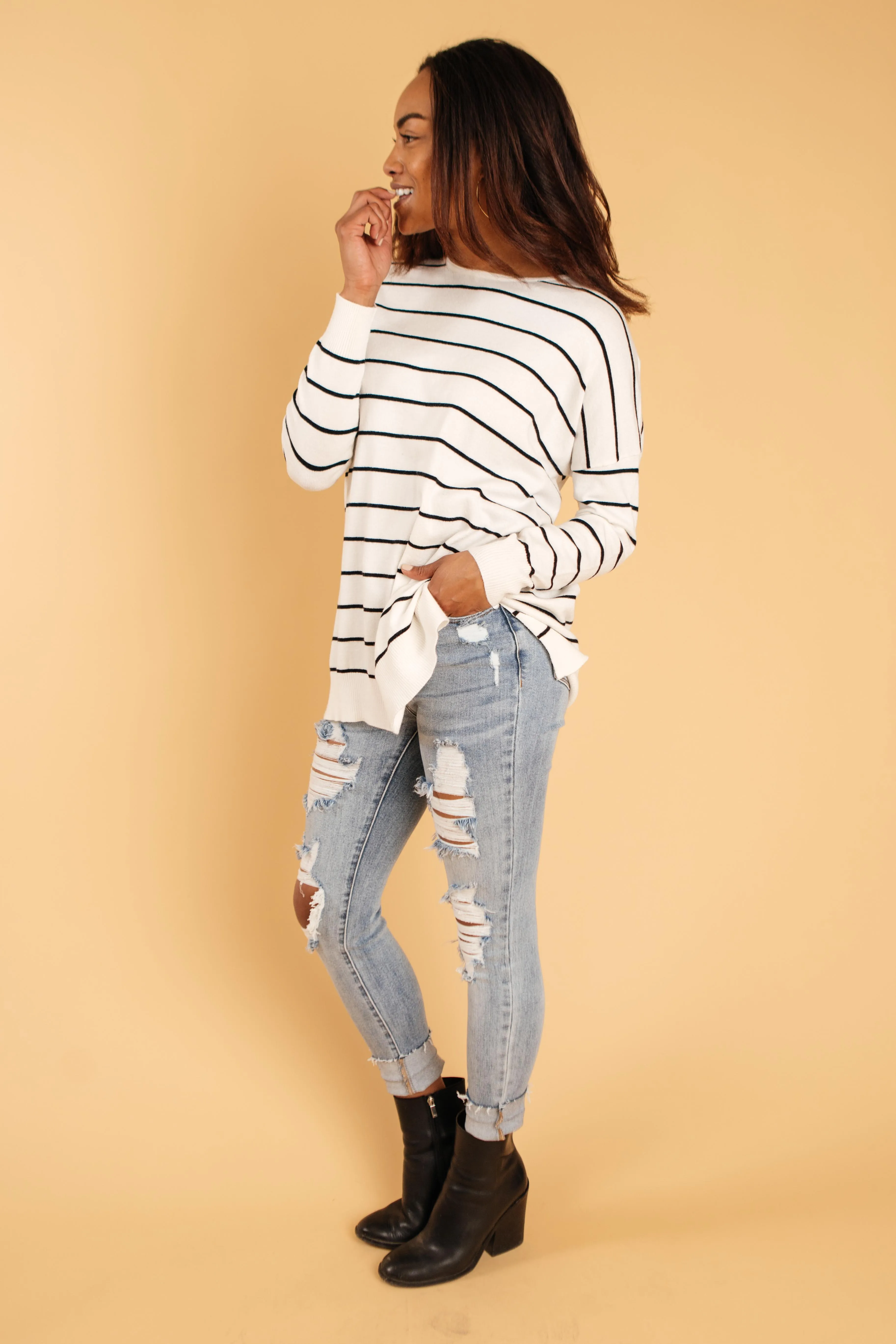 Brand New Attitude Striped Sweater Top in White