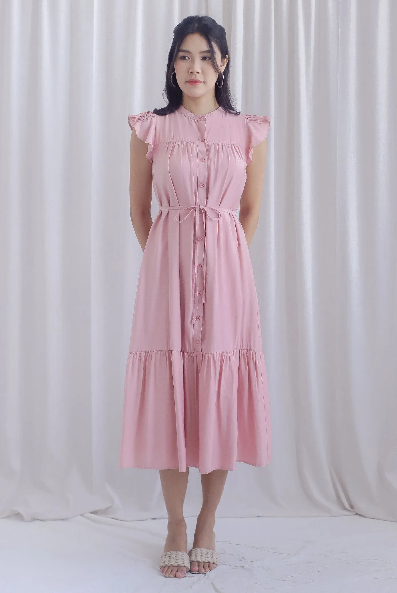 Breen Pleated Frill Sleeve Buttons Dress In Rose Pink