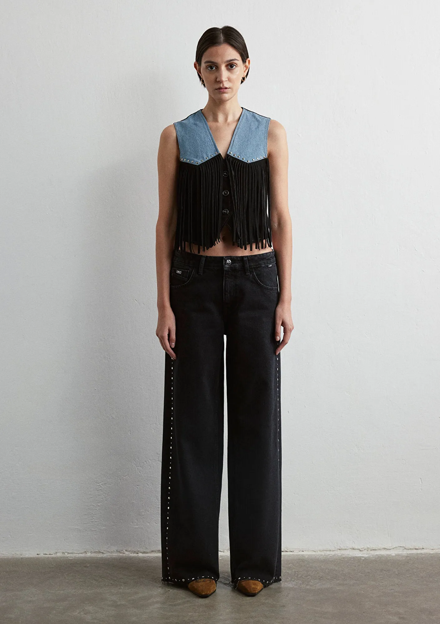 Brenna Blocking Fringe Denim  Jean Vest