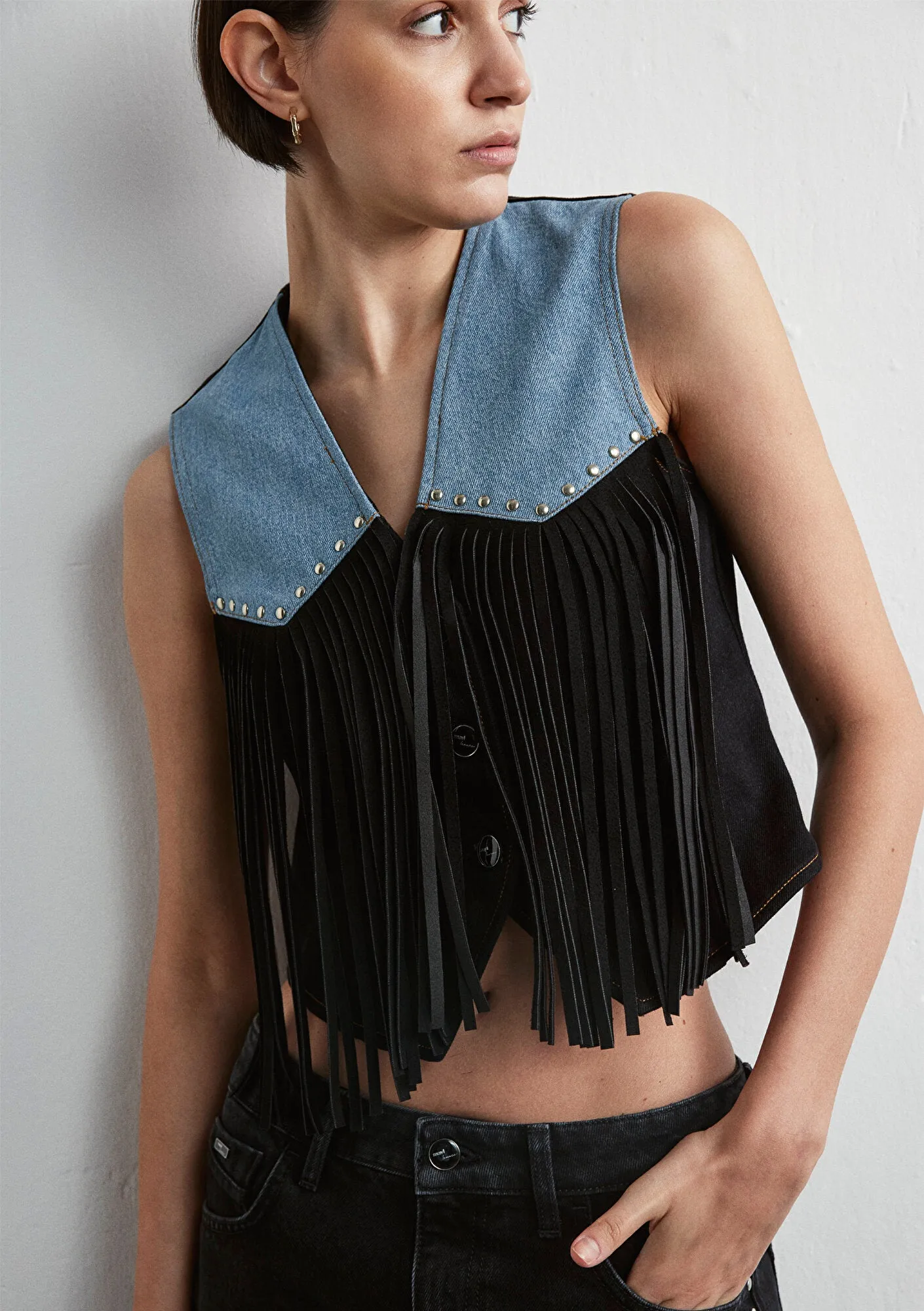 Brenna Blocking Fringe Denim  Jean Vest