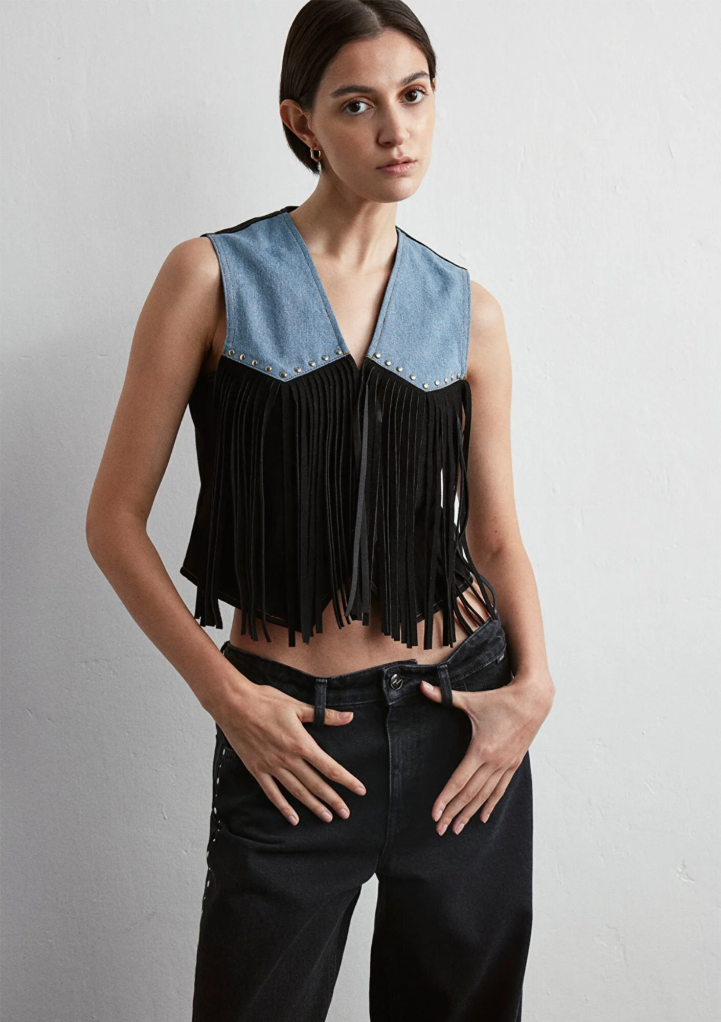 Brenna Blocking Fringe Denim  Jean Vest