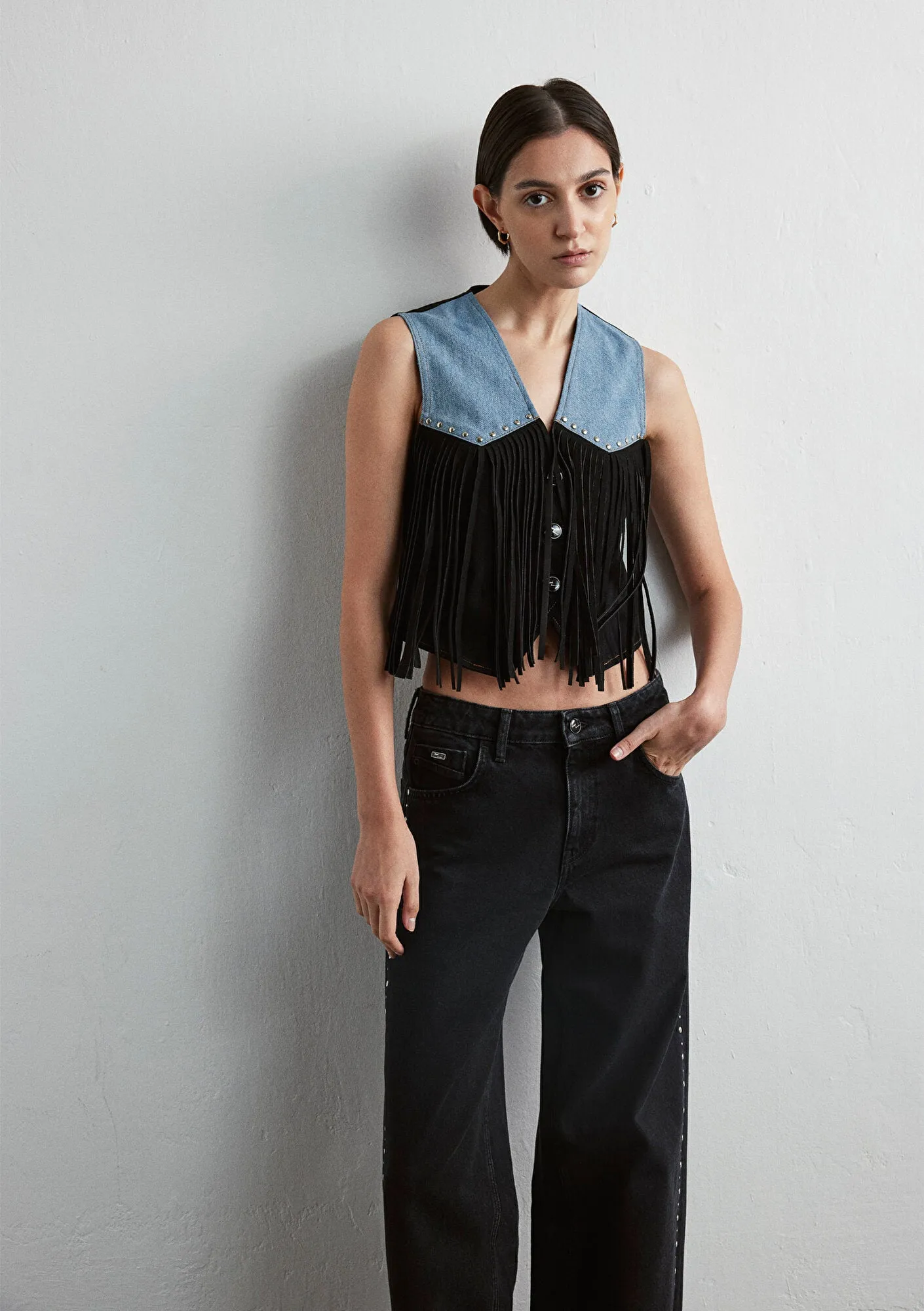 Brenna Blocking Fringe Denim  Jean Vest