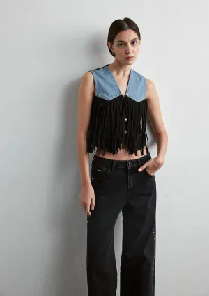 Brenna Blocking Fringe Denim  Jean Vest