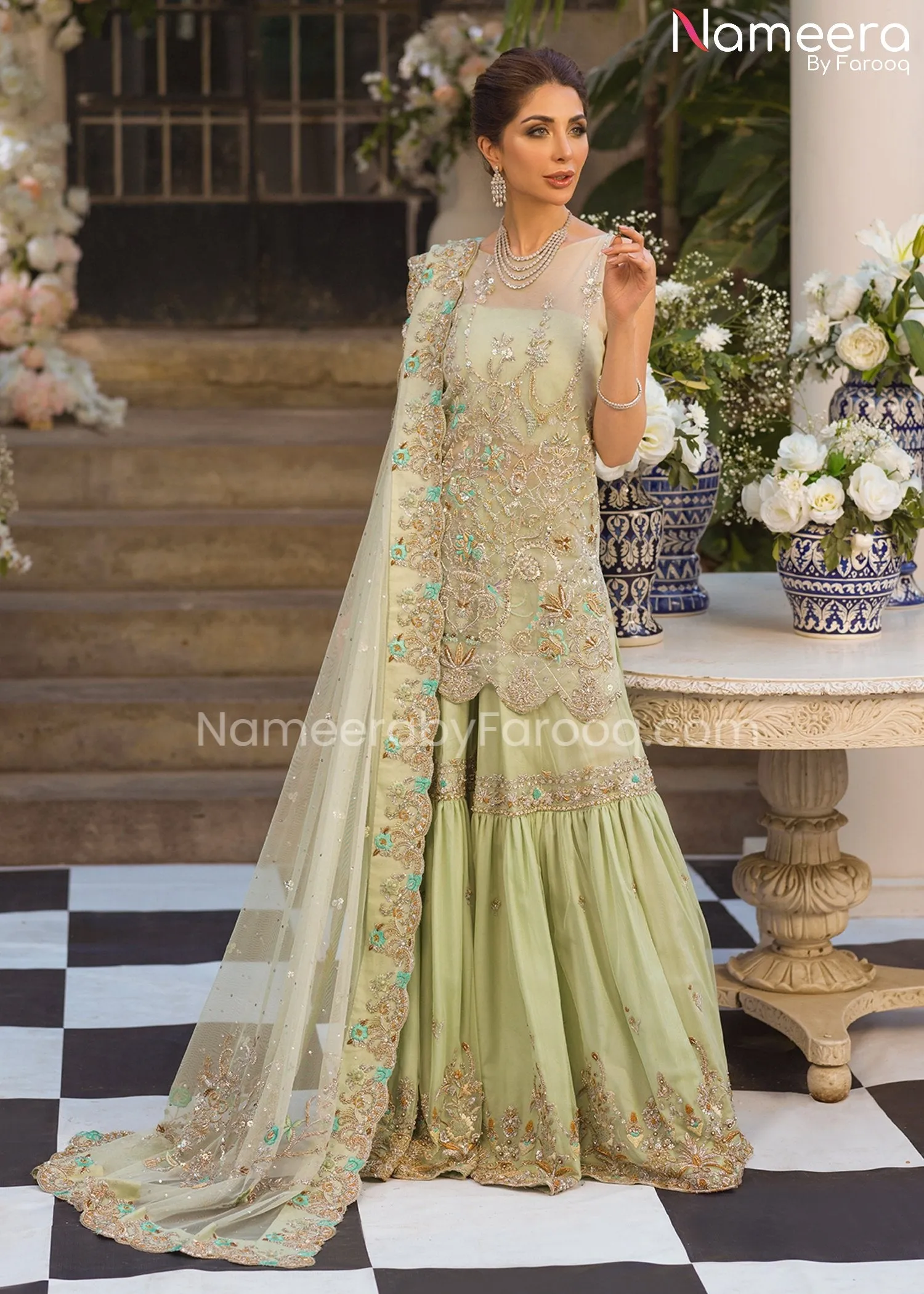 Bridal Gharara with Kameez Dress in Mint Green #BS517