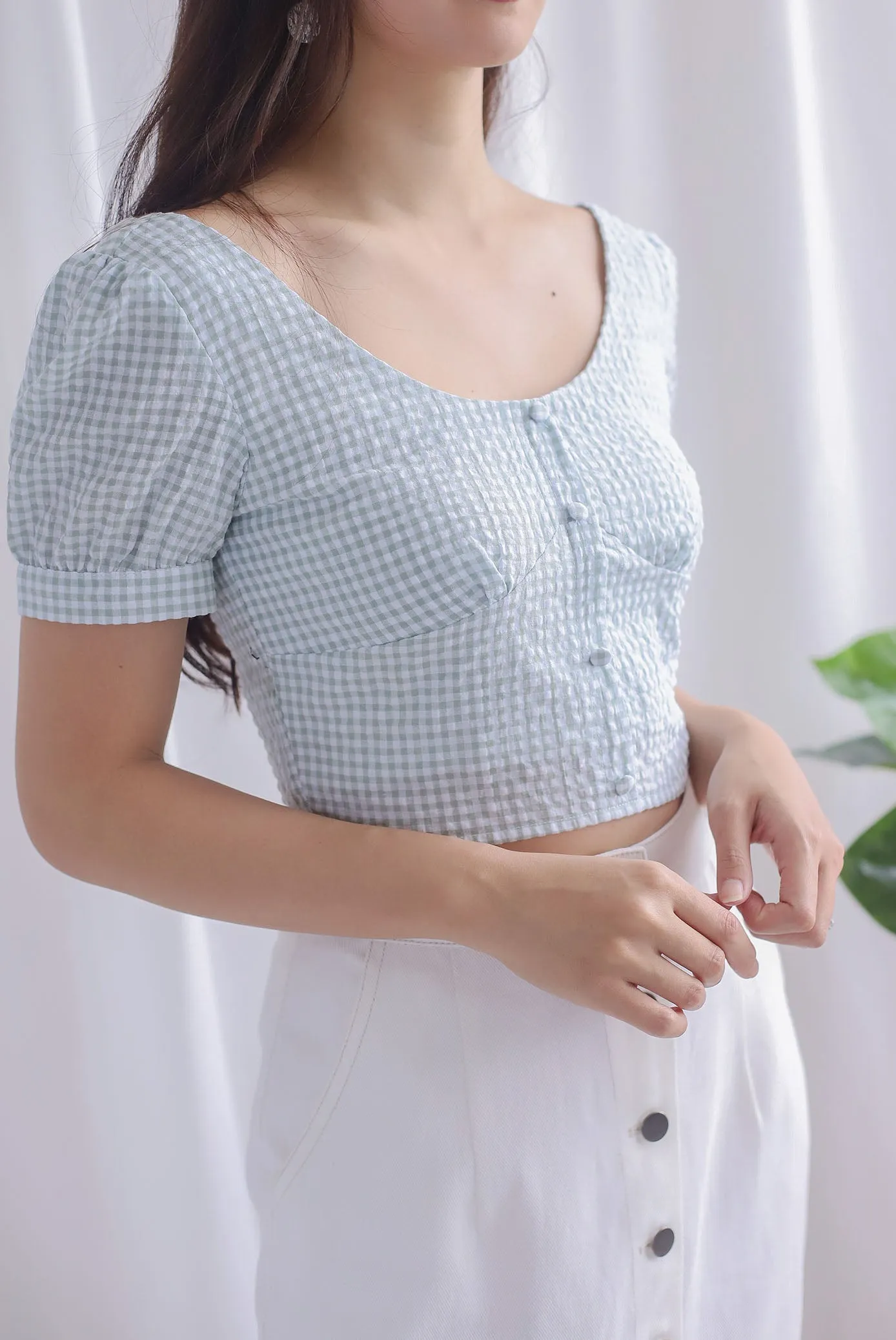Britta Bustier Buttons Crop Top In Sage Plaids