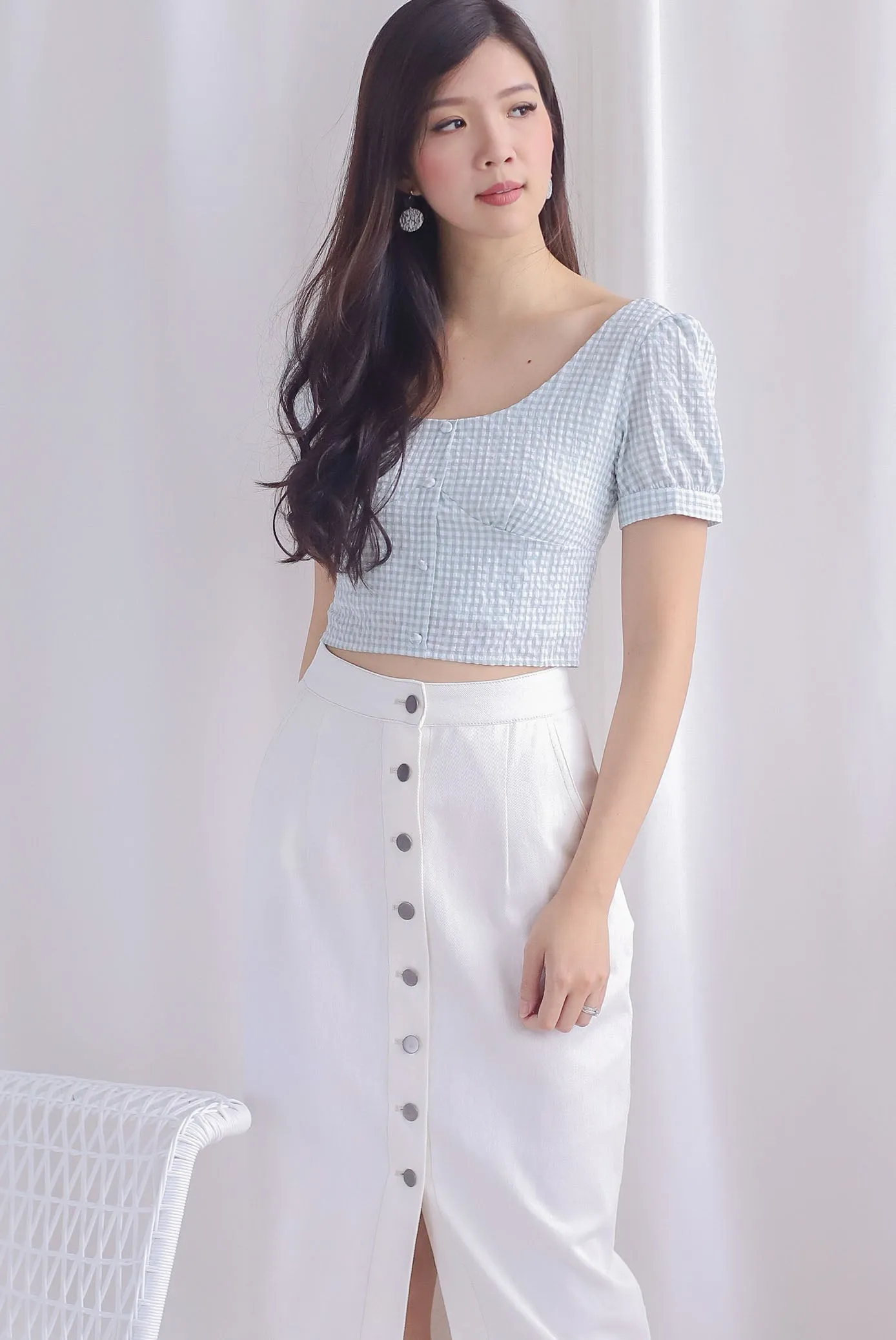 Britta Bustier Buttons Crop Top In Sage Plaids