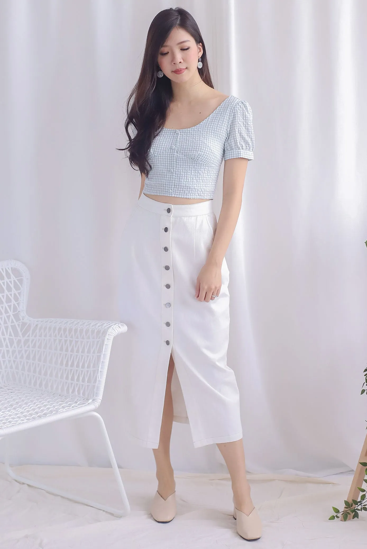 Britta Bustier Buttons Crop Top In Sage Plaids