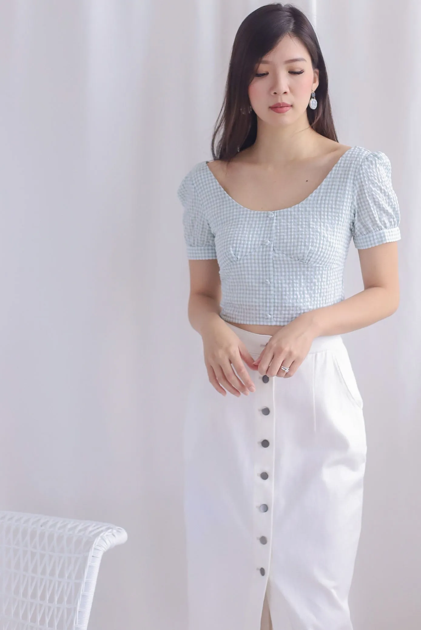 Britta Bustier Buttons Crop Top In Sage Plaids