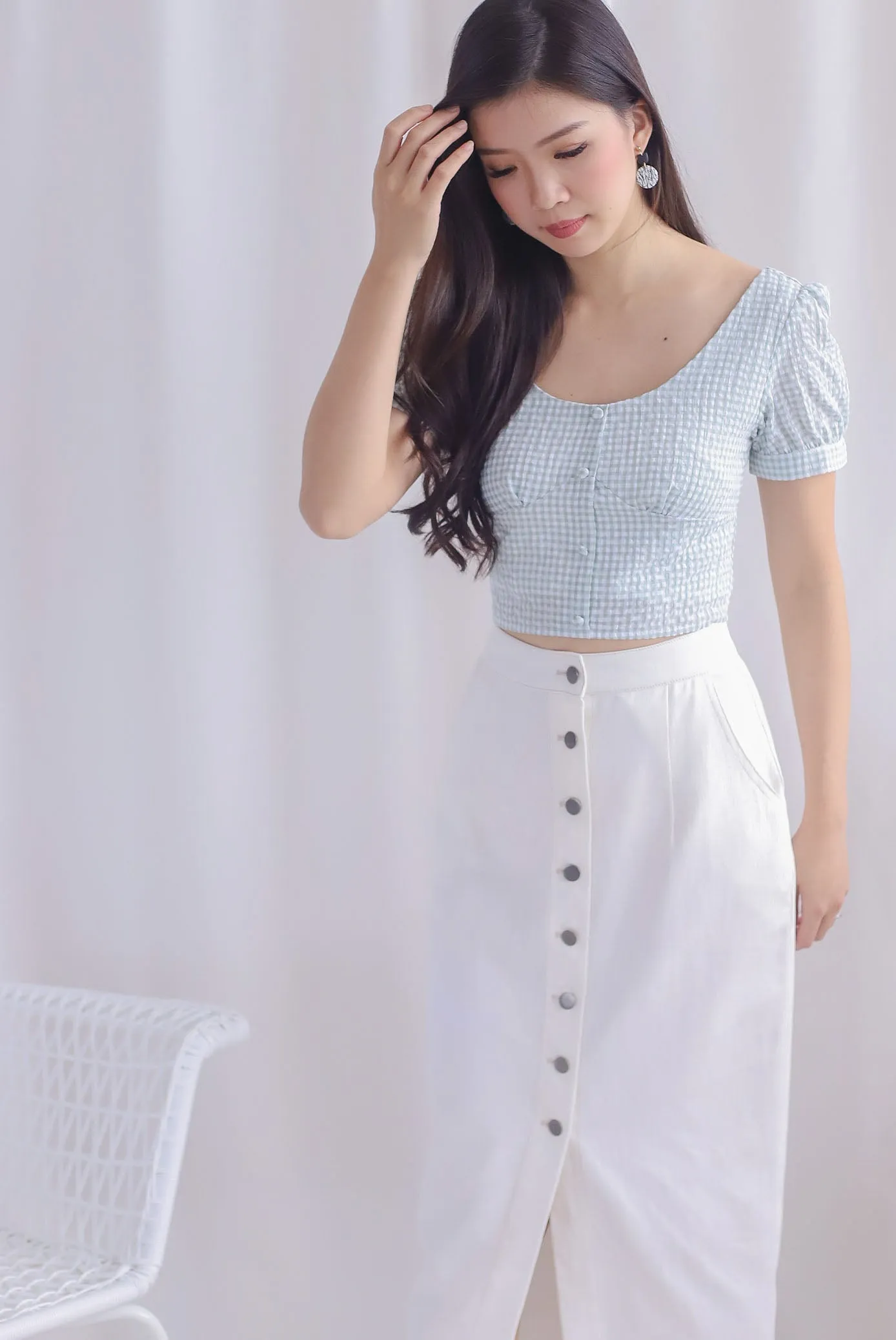 Britta Bustier Buttons Crop Top In Sage Plaids