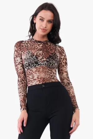 Brown Cheetah Sheer Mesh Mock Neck Long Sleeve Bodysuit