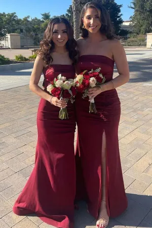 Burgundy Satin Mermaid Strapless Long Bridesmaid Dresses With Slit, MBD254