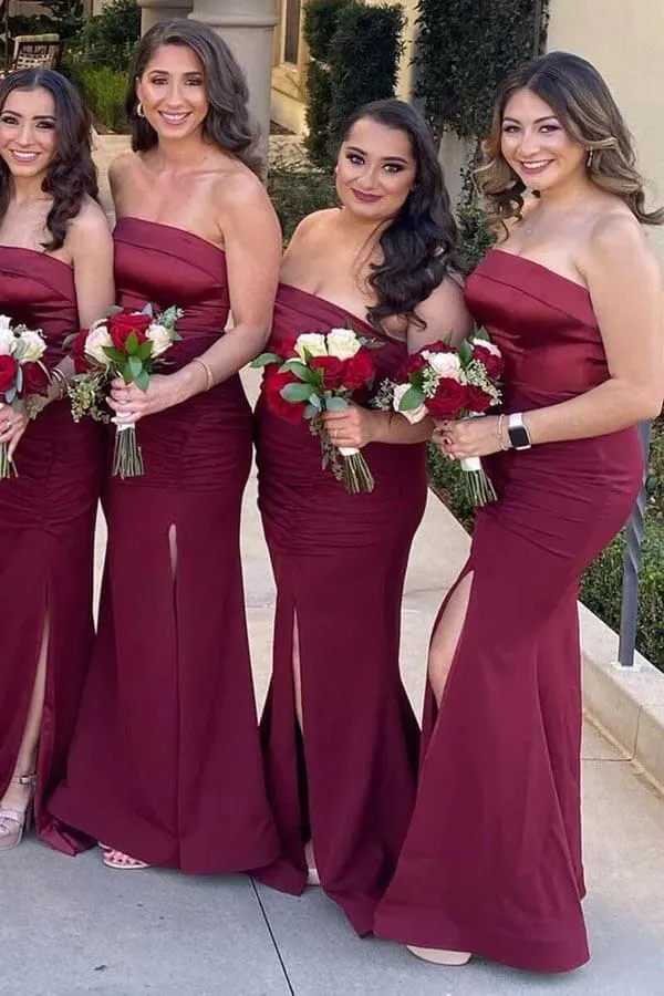 Burgundy Satin Mermaid Strapless Long Bridesmaid Dresses With Slit, MBD254