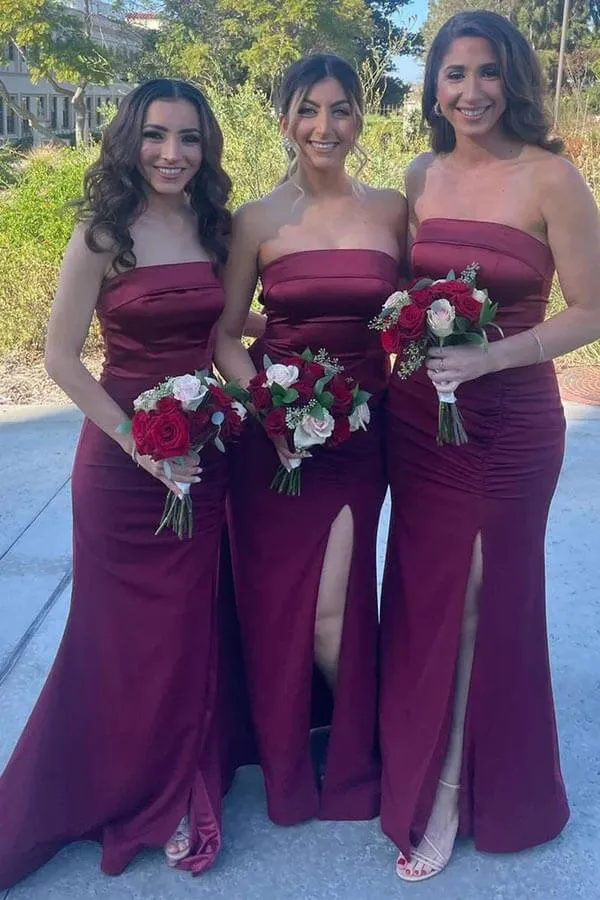 Burgundy Satin Mermaid Strapless Long Bridesmaid Dresses With Slit, MBD254