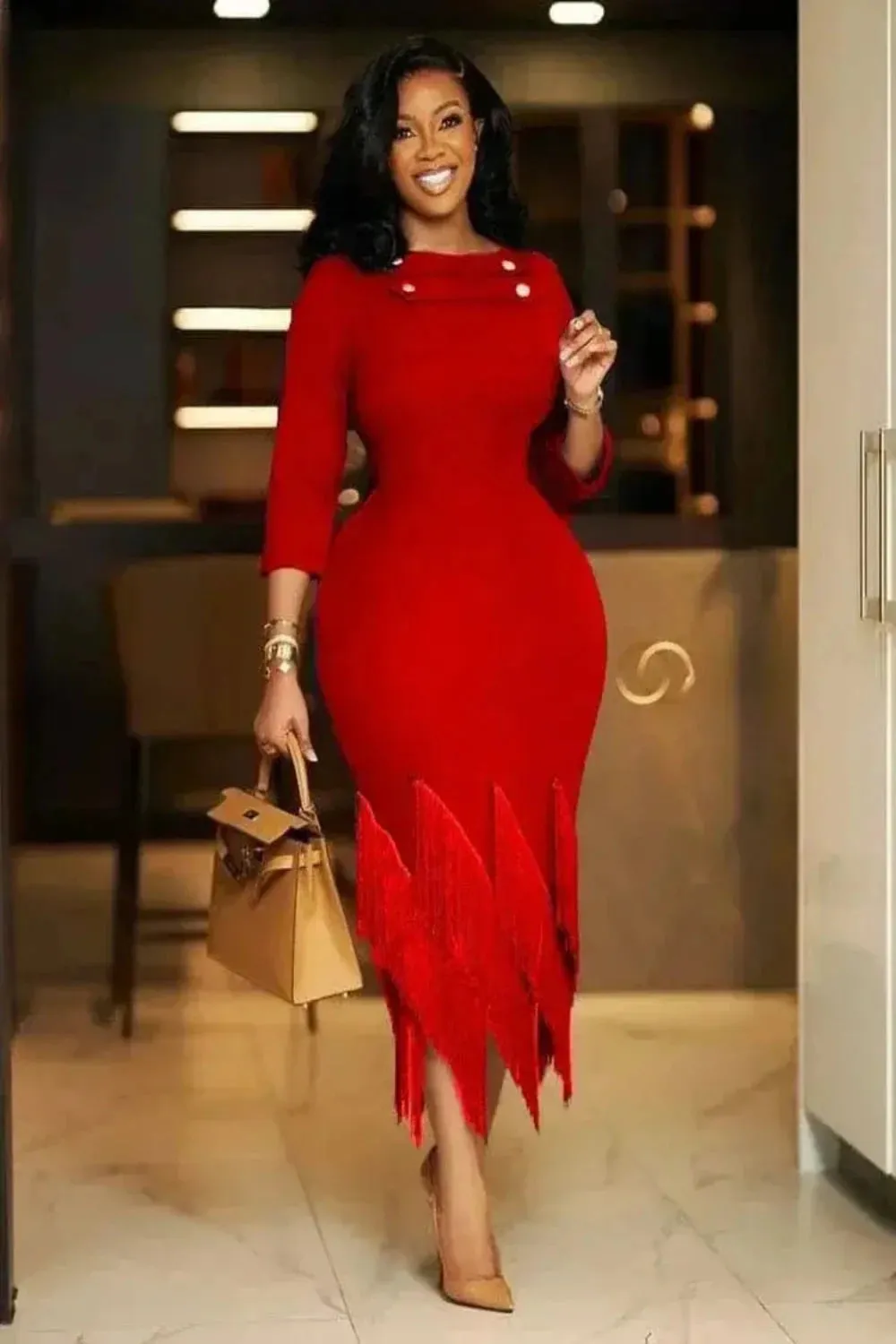 Button Accented Tassel Hem Evening Dress