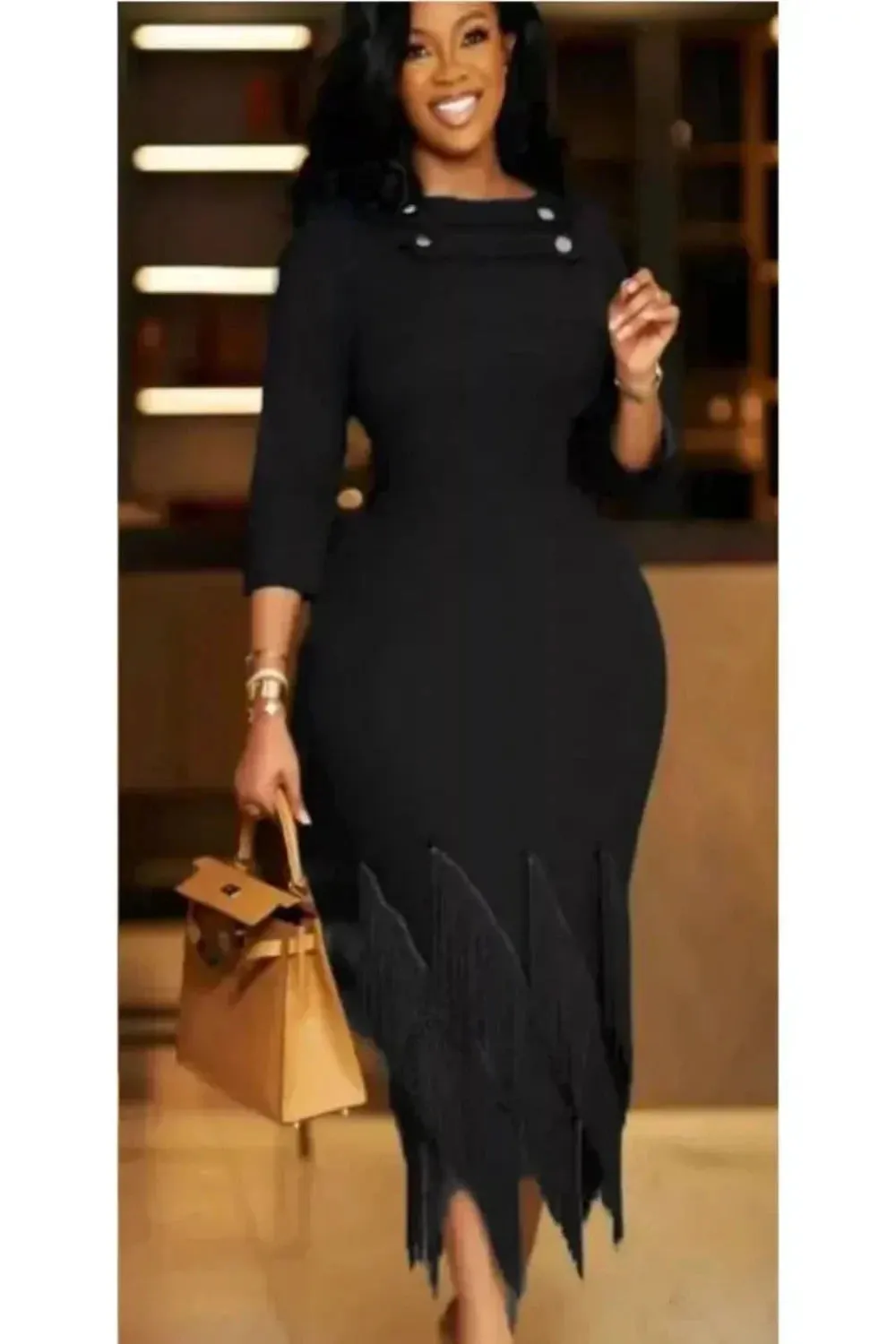 Button Accented Tassel Hem Evening Dress