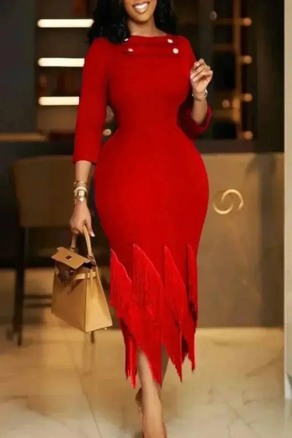 Button Accented Tassel Hem Evening Dress