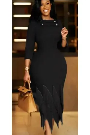 Button Accented Tassel Hem Evening Dress