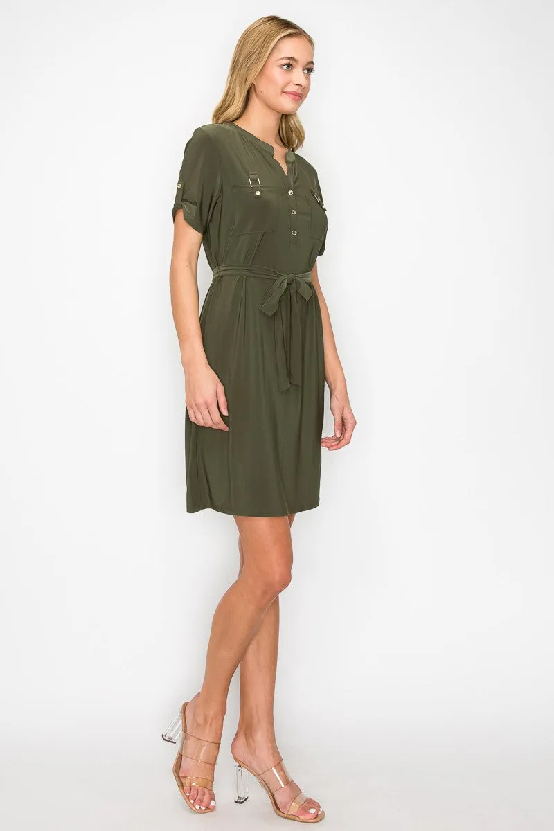 Button Placket Roll Tab Pocket Shirt Dress