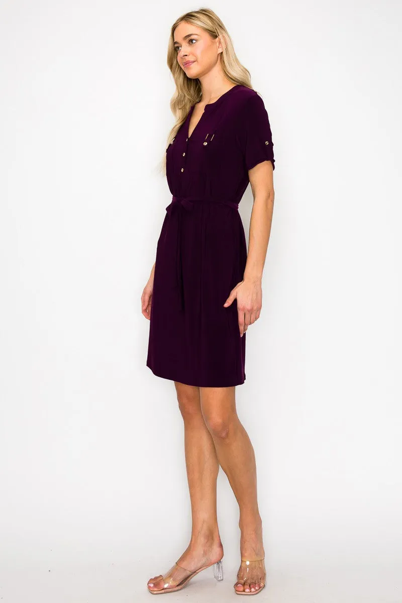 Button Placket Roll Tab Pocket Shirt Dress