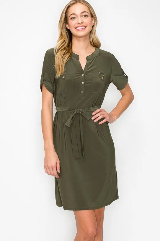 Button Placket Roll Tab Pocket Shirt Dress
