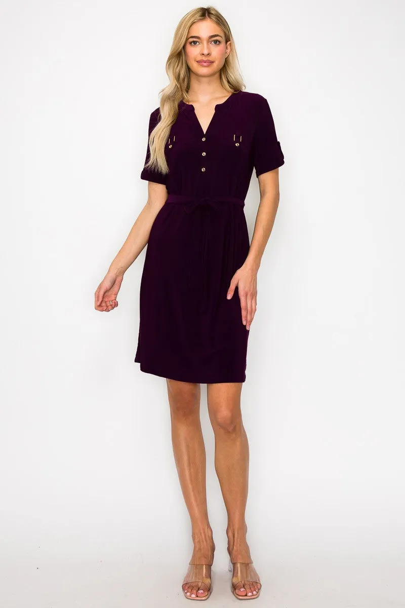 Button Placket Roll Tab Pocket Shirt Dress