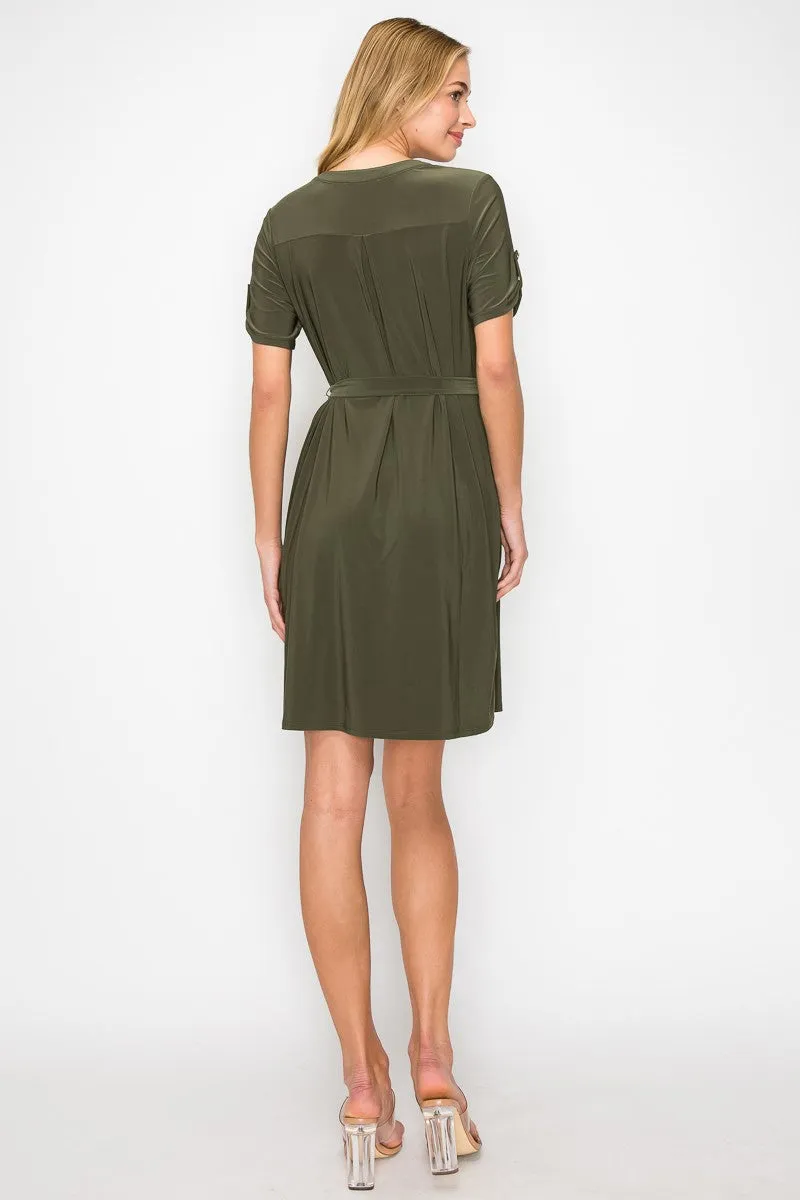 Button Placket Roll Tab Pocket Shirt Dress