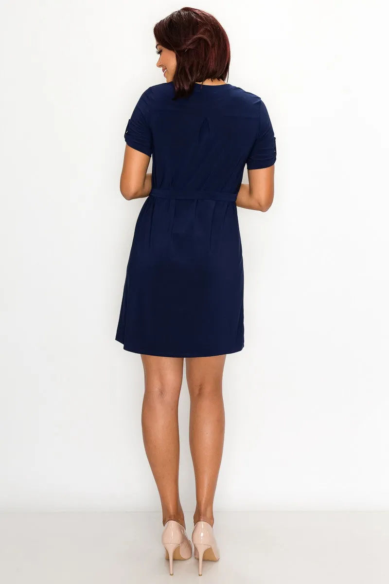 Button Placket Roll Tab Pocket Shirt Dress