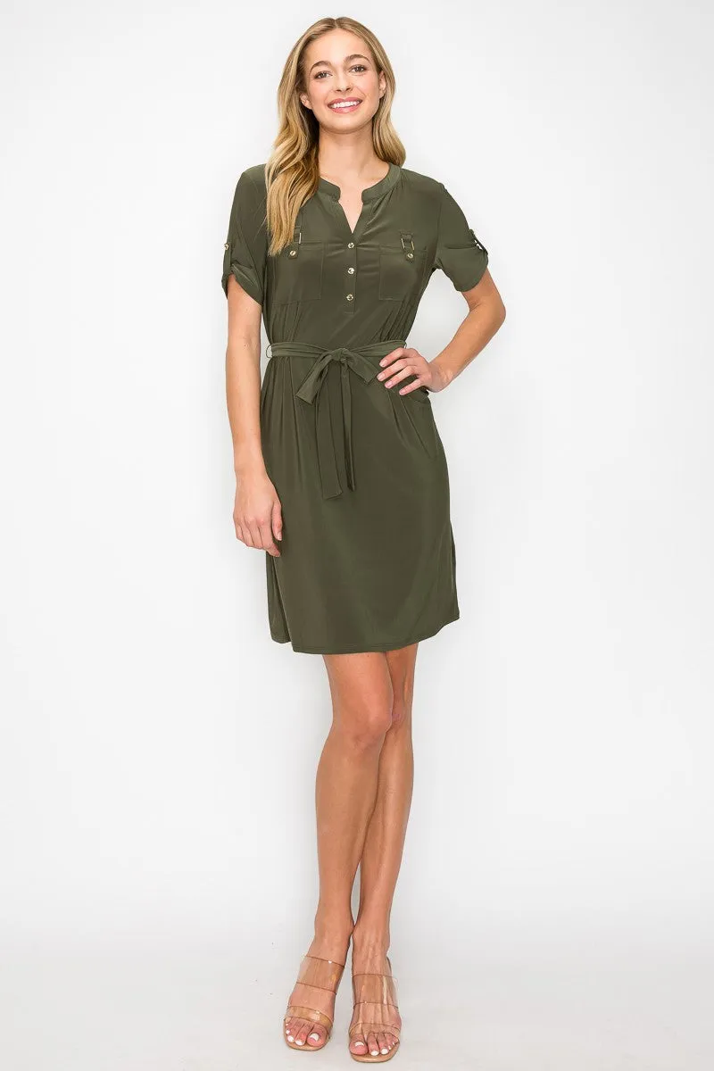 Button Placket Roll Tab Pocket Shirt Dress