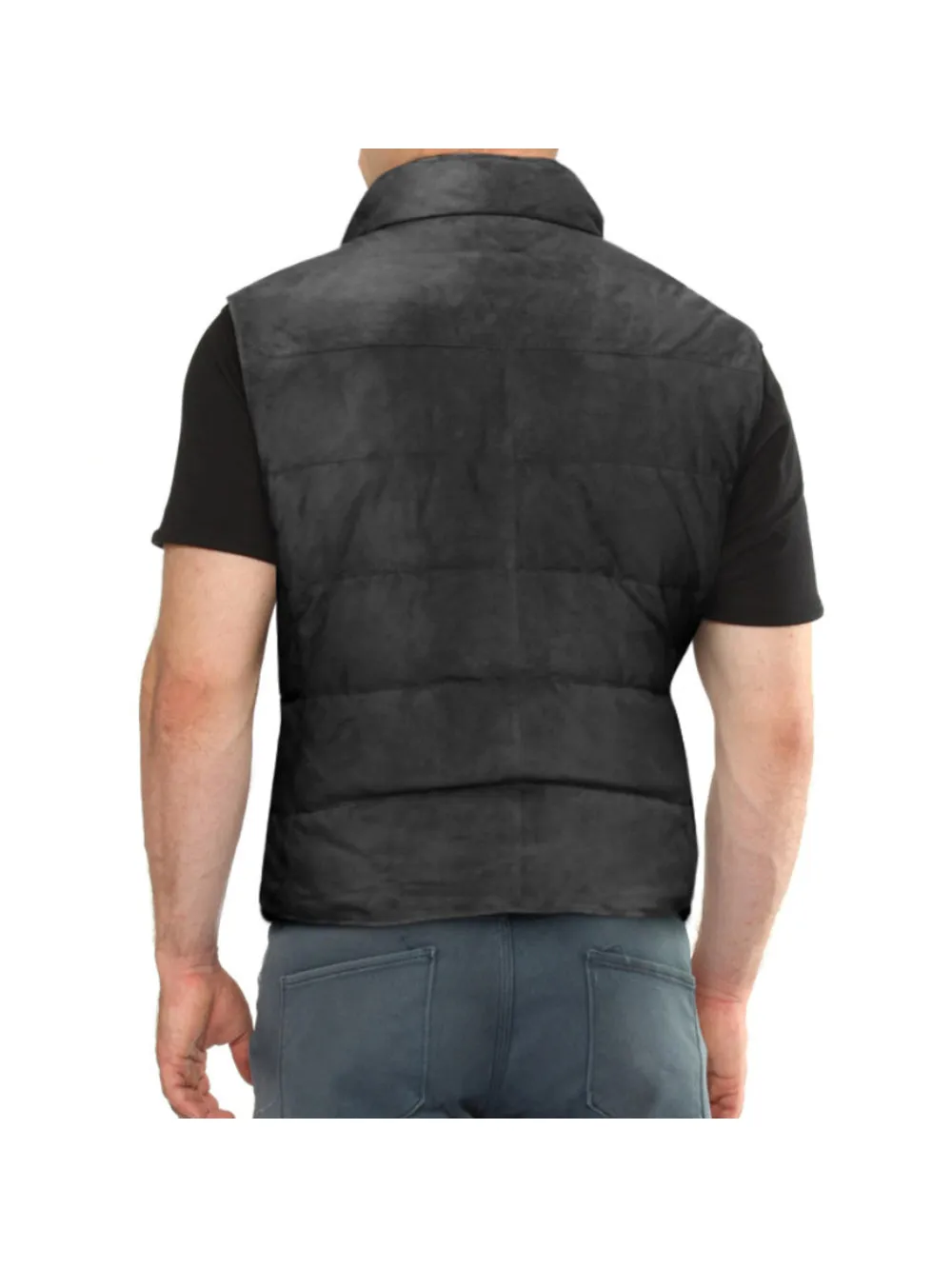 Buttoned Placket Grey Genuine Suede Leather Vest for Men